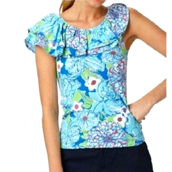Lilly Pulitzer Wynne Top in Worth Blue May Flowers Ruffled Neckline Sleeveless - Picture 1 of 12